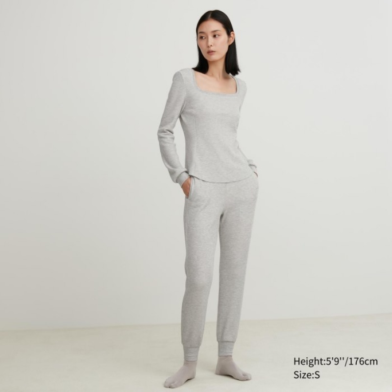 Women Uniqlo HEATTECH Waffle Square Neck Long-Sleeve T Shirts Grey | 7987615