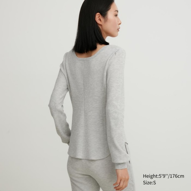 Women Uniqlo HEATTECH Waffle Square Neck Long-Sleeve T Shirts Grey | 7987615