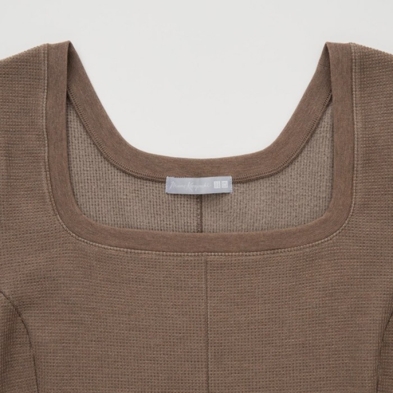 Women Uniqlo HEATTECH Waffle Square Neck Long-Sleeve T Shirts Brown | 588889