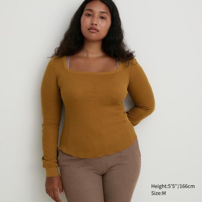 Women Uniqlo HEATTECH Waffle Square Neck Long-Sleeve T Shirts Brown | 5475003