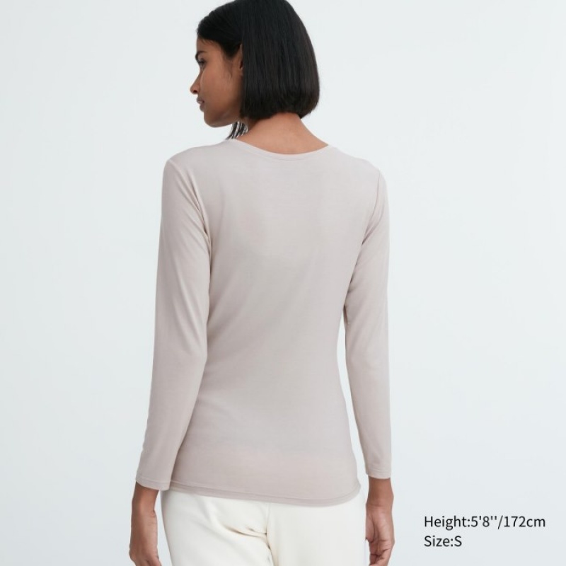 Women Uniqlo Heattech Crew Neck Long-sleeve T Shirts Grey | 7610411