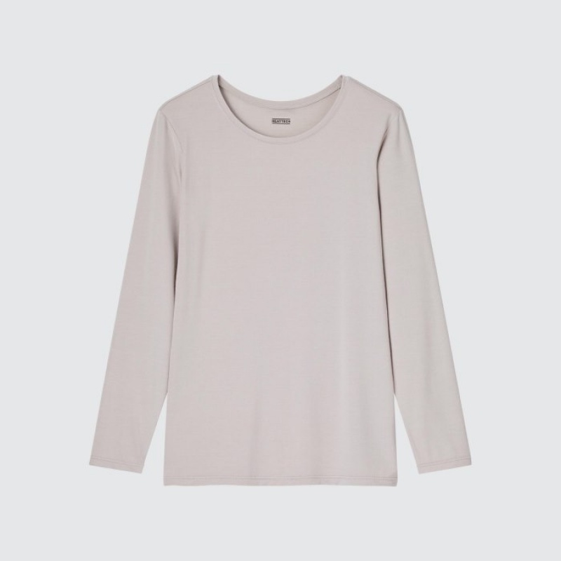 Women Uniqlo Heattech Crew Neck Long-sleeve T Shirts Grey | 7610411