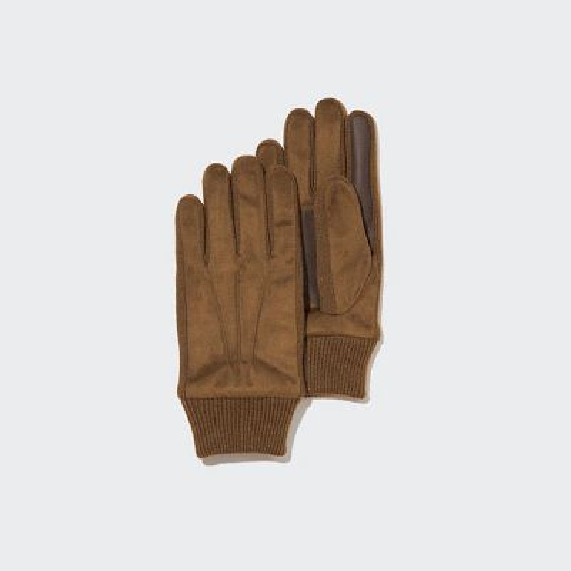 Women Uniqlo Heattech Lined Faux Suede Gloves Brown | 7286631