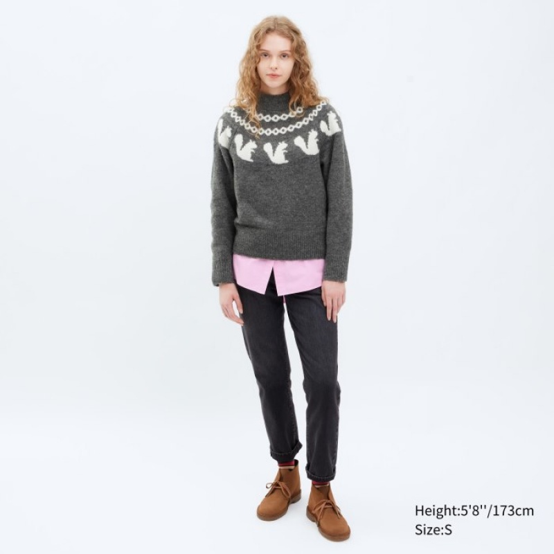 Women Uniqlo Jacquard Crew Neck Long-Sleeve Sweaters Grey | 2418843