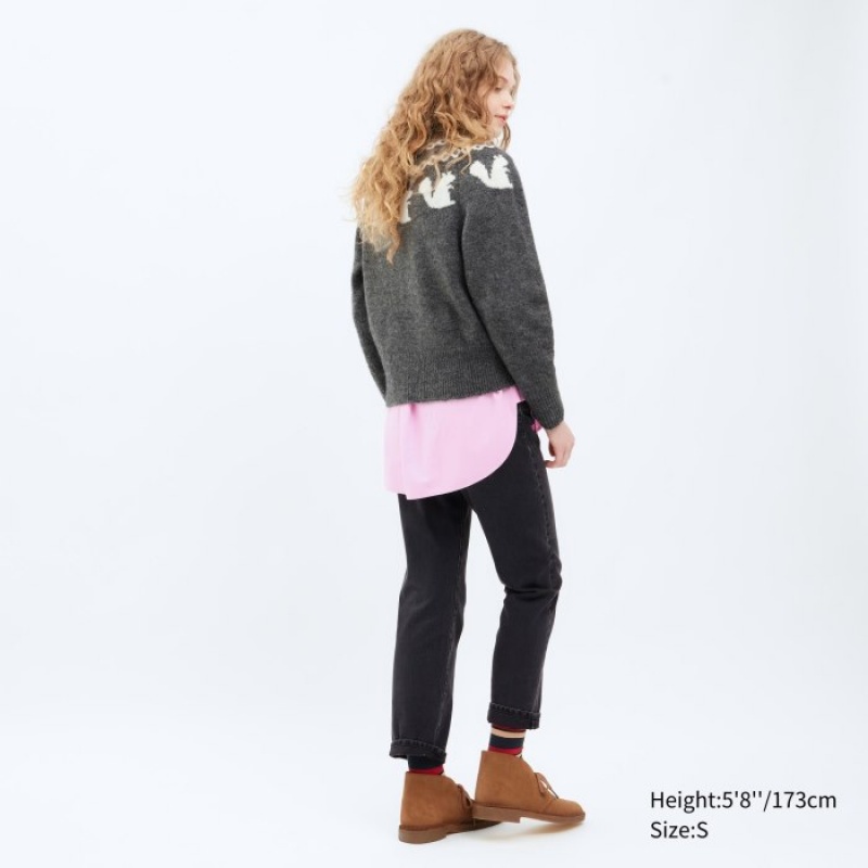 Women Uniqlo Jacquard Crew Neck Long-Sleeve Sweaters Grey | 2418843