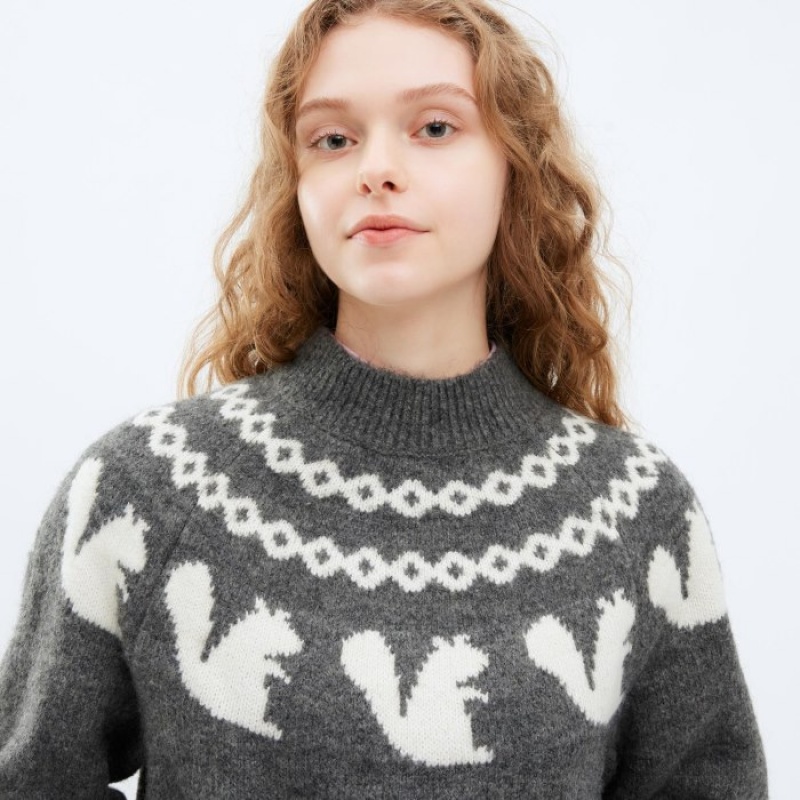 Women Uniqlo Jacquard Crew Neck Long-Sleeve Sweaters Grey | 2418843