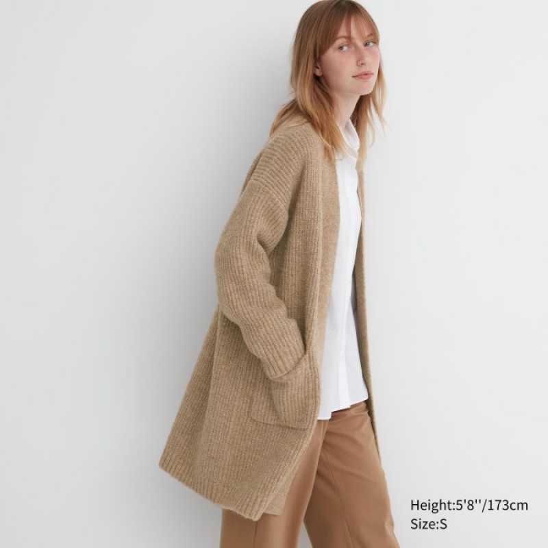 Women Uniqlo Knitted Long Cardigan Beige | 7971423