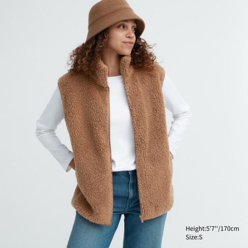 Women Uniqlo Light Pile-Lined Fleece Vest Brown | 2463121