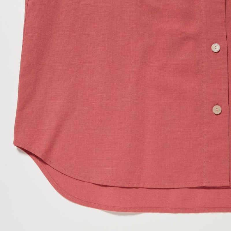 Women Uniqlo Linen Blend Open Collar Short-Sleeve Shirts Pink | 579458