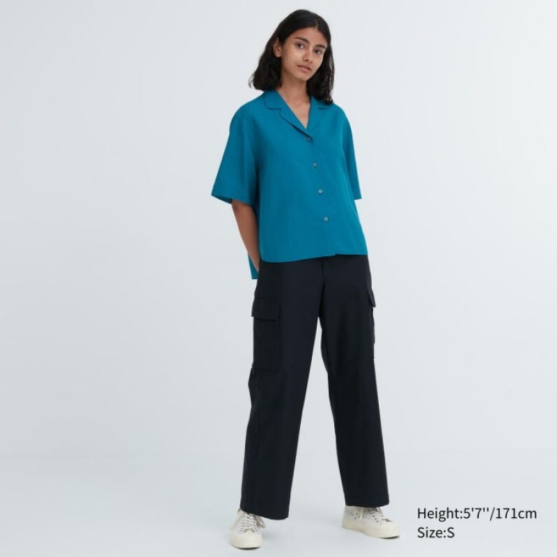 Women Uniqlo Linen Blend Open Collar Short-Sleeve Shirts Pink | 579458