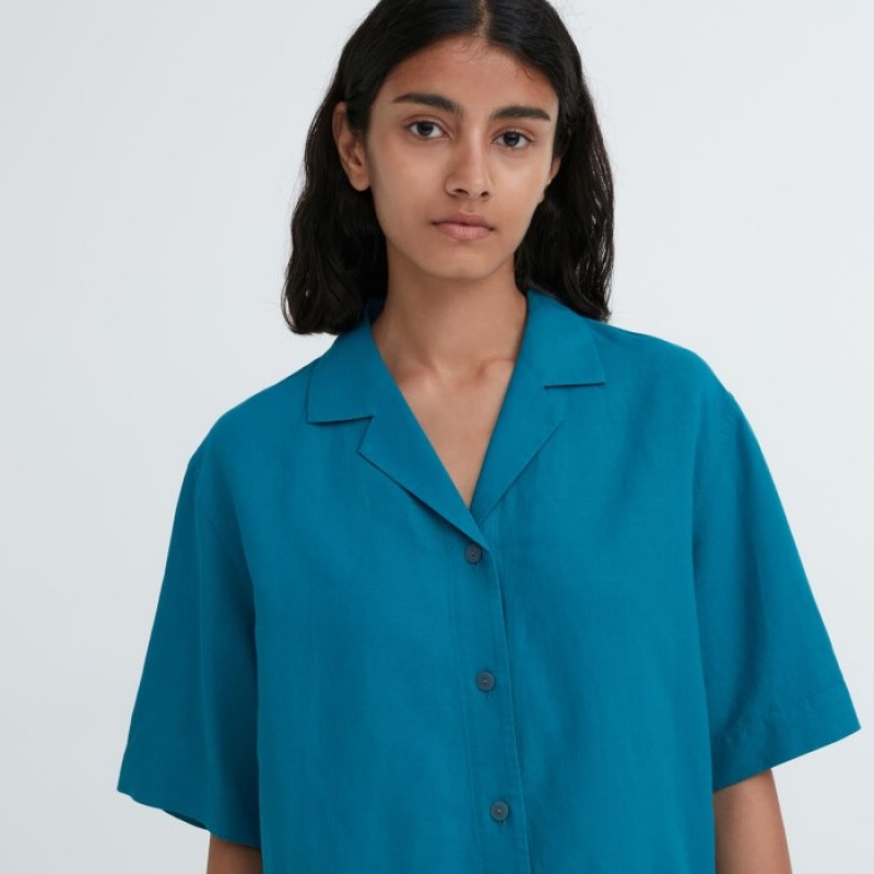 Women Uniqlo Linen Blend Open Collar Short-Sleeve Shirts Pink | 579458