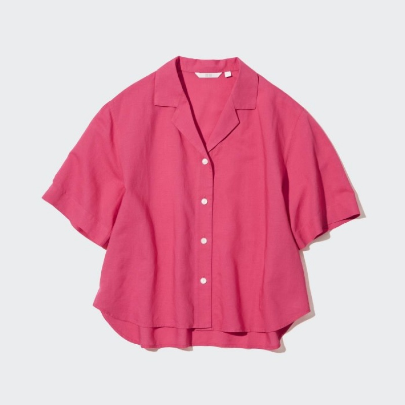 Women Uniqlo Linen Blend Open Collar Short-Sleeve Shirts Pink | 579458