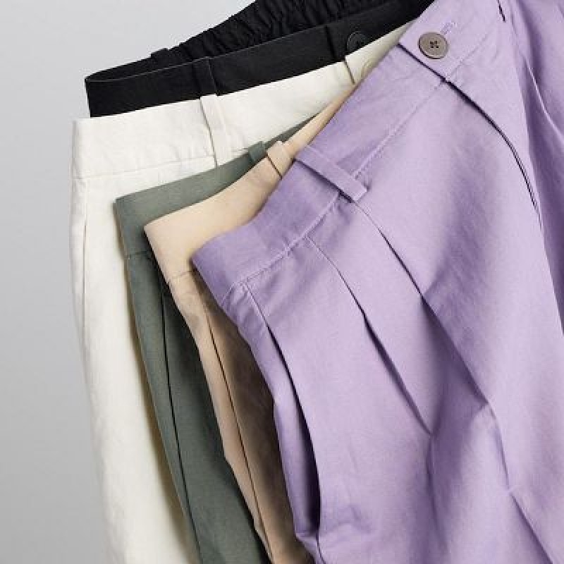 Women Uniqlo Linen Blend Tucked Wide Pants Purple | 6313214