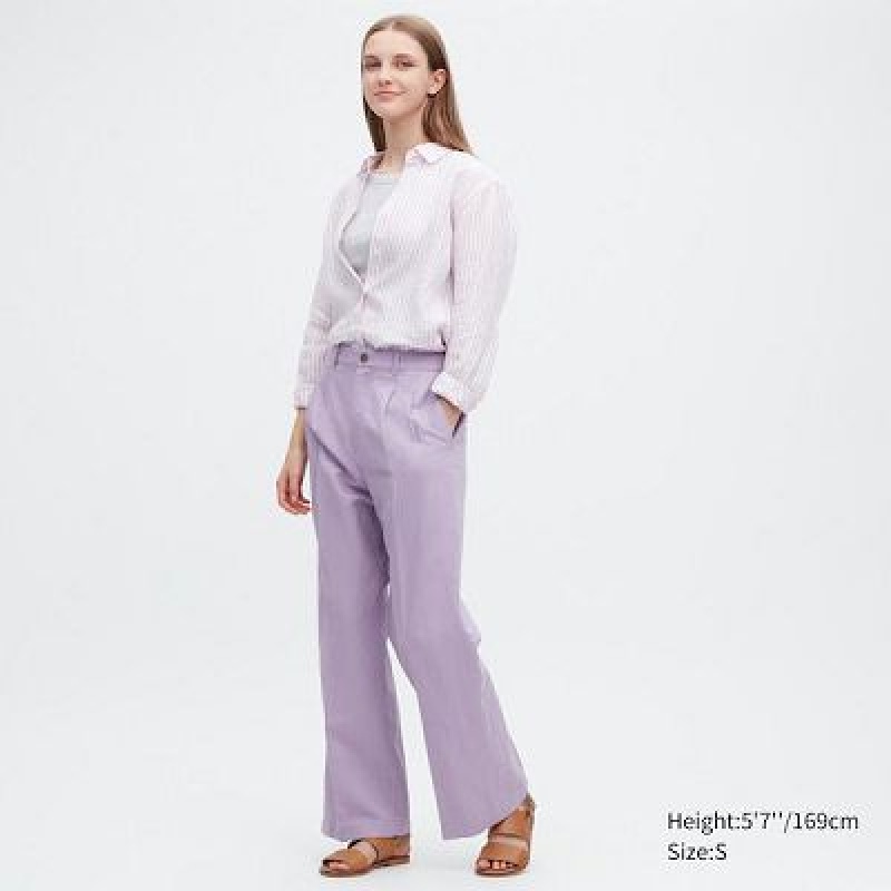 Women Uniqlo Linen Blend Tucked Wide Pants Purple | 6313214