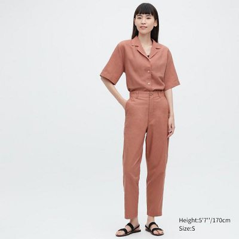 Women Uniqlo Linen Cotton Tapered Pants Brown | 6250535