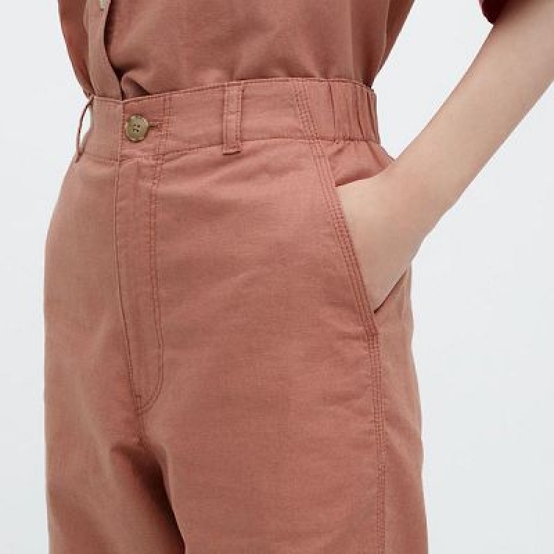Women Uniqlo Linen Cotton Tapered Pants Brown | 6250535