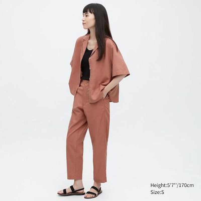 Women Uniqlo Linen Cotton Tapered Pants Brown | 6250535