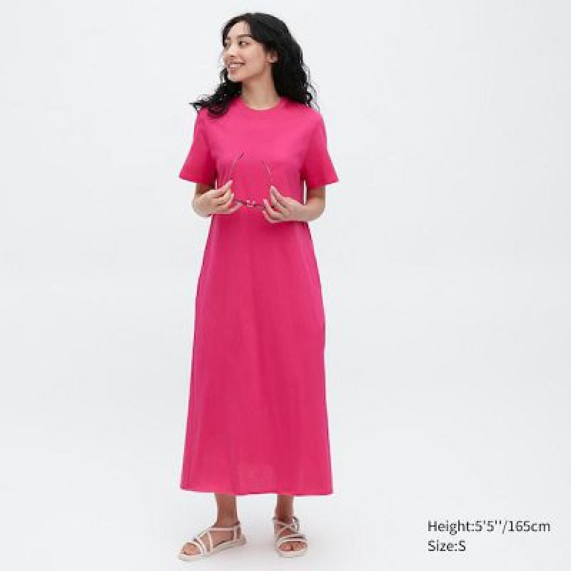 Women Uniqlo Mercerized Cotton Short-Sleeve A-Line Dress Pink | 2126805