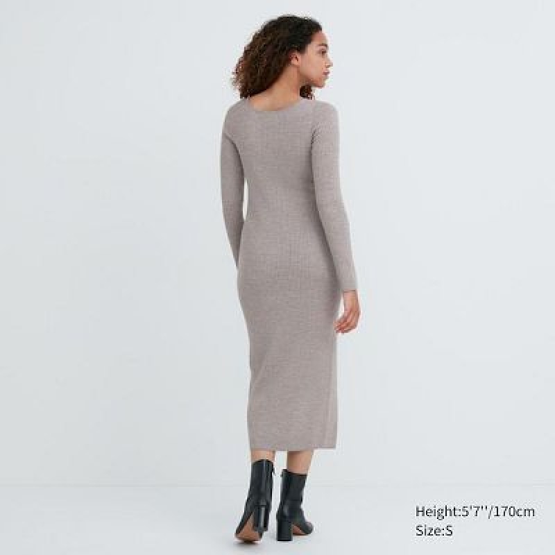 Women Uniqlo Merino Blend Fitted U Neck Long Sleeve Dress Grey | 6954364