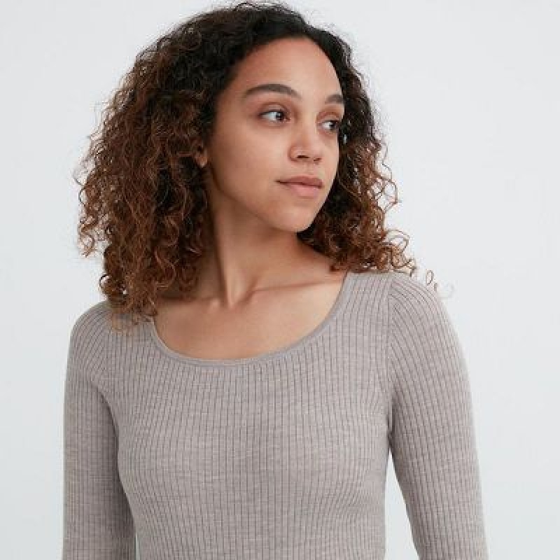 Women Uniqlo Merino Blend Fitted U Neck Long Sleeve Dress Grey | 6954364