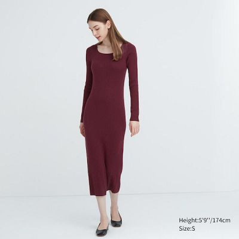 Women Uniqlo Merino Blend Fitted U Neck Long Sleeve Dress Burgundy | 3895077