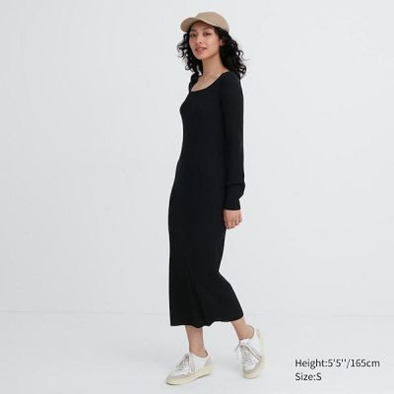 Women Uniqlo Merino Blend Fitted U Neck Long Sleeve Dress Black | 2642822