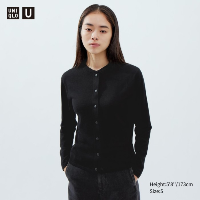 Women Uniqlo Merino Blend Long-Sleeve Crew Neck Cardigan Black | 2276190
