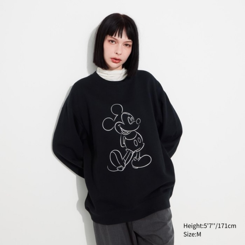 Women Uniqlo Mickey Shines Long-Sleeve Sweatshirts Black | 2027622