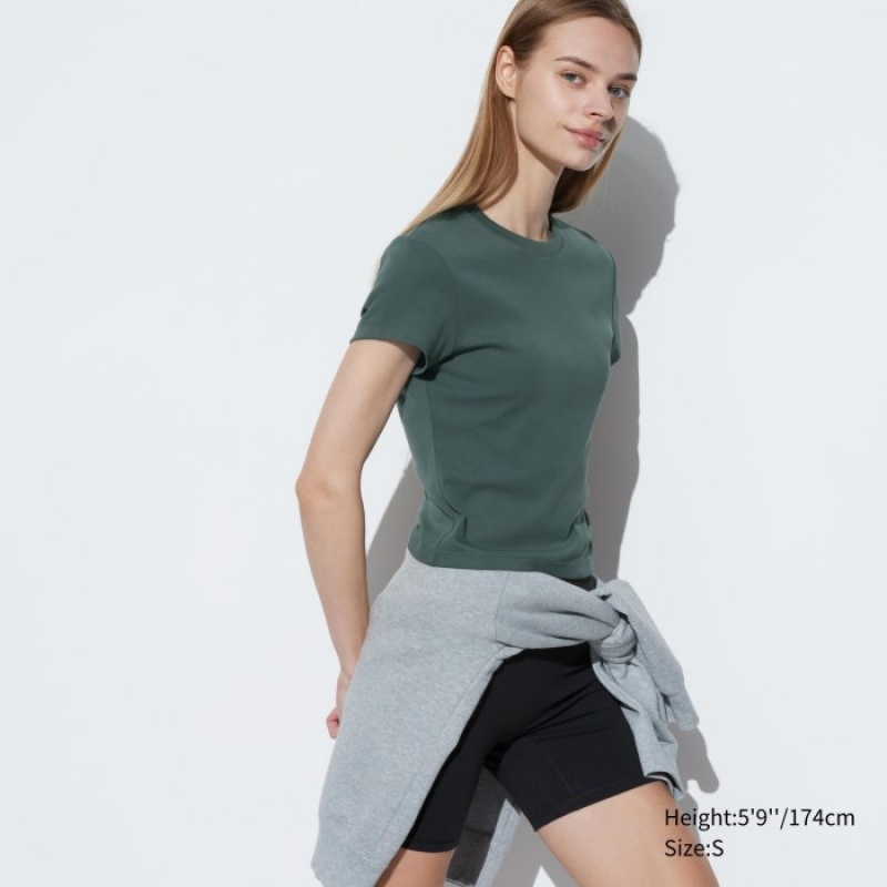 Women Uniqlo Mini Short Sleeve T Shirts Green | 8064130