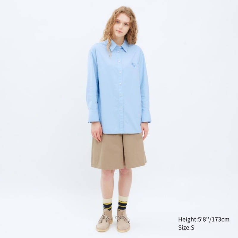 Women Uniqlo Oxford Long-Sleeve Long Shirts Blue | 1634796