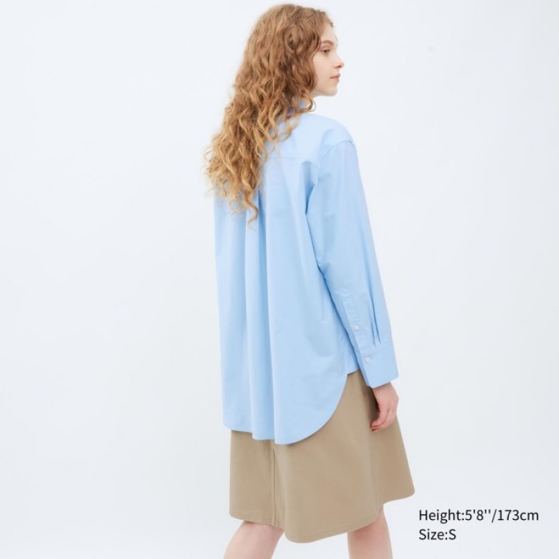 Women Uniqlo Oxford Long-Sleeve Long Shirts Blue | 1634796
