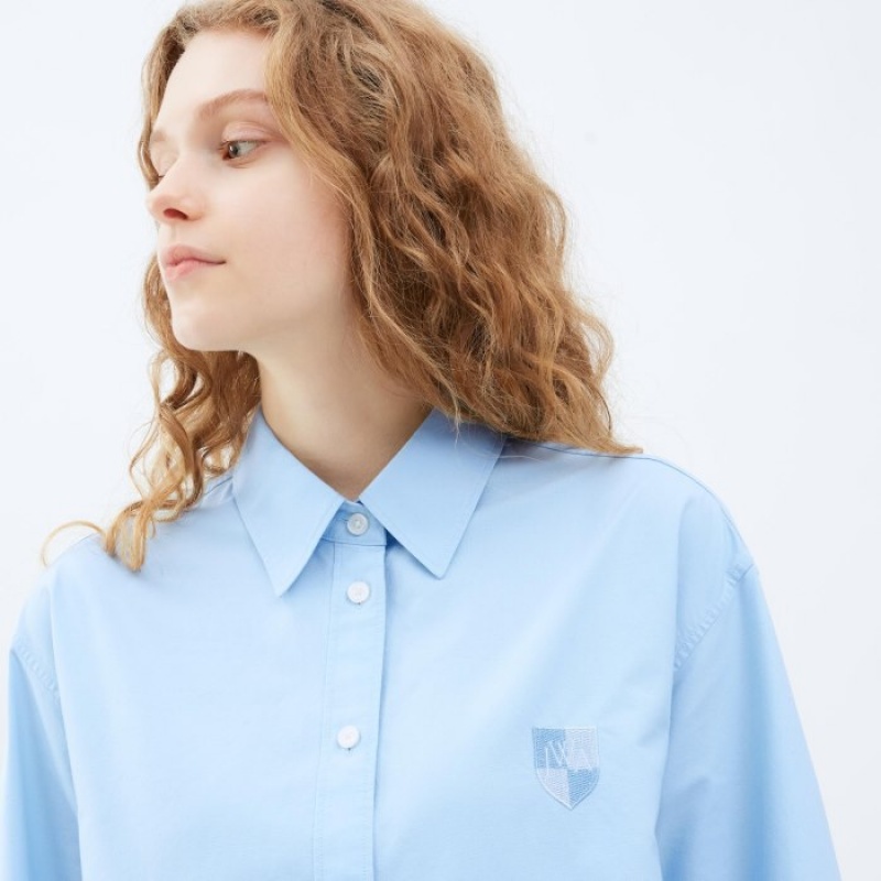 Women Uniqlo Oxford Long-Sleeve Long Shirts Blue | 1634796