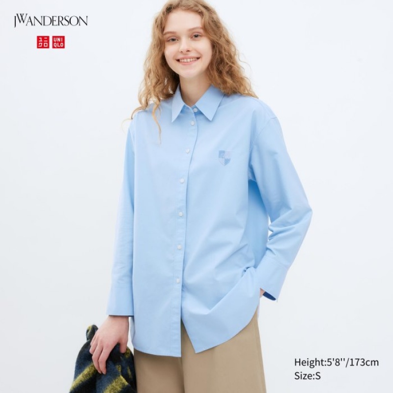 Women Uniqlo Oxford Long-Sleeve Long Shirts Blue | 1634796
