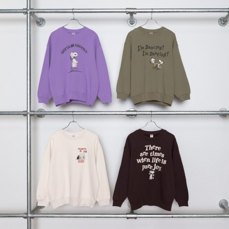 Women Uniqlo PEANUTS Dance Time with Snoopy Long-Sleeve Sweatshirts White | 6345783