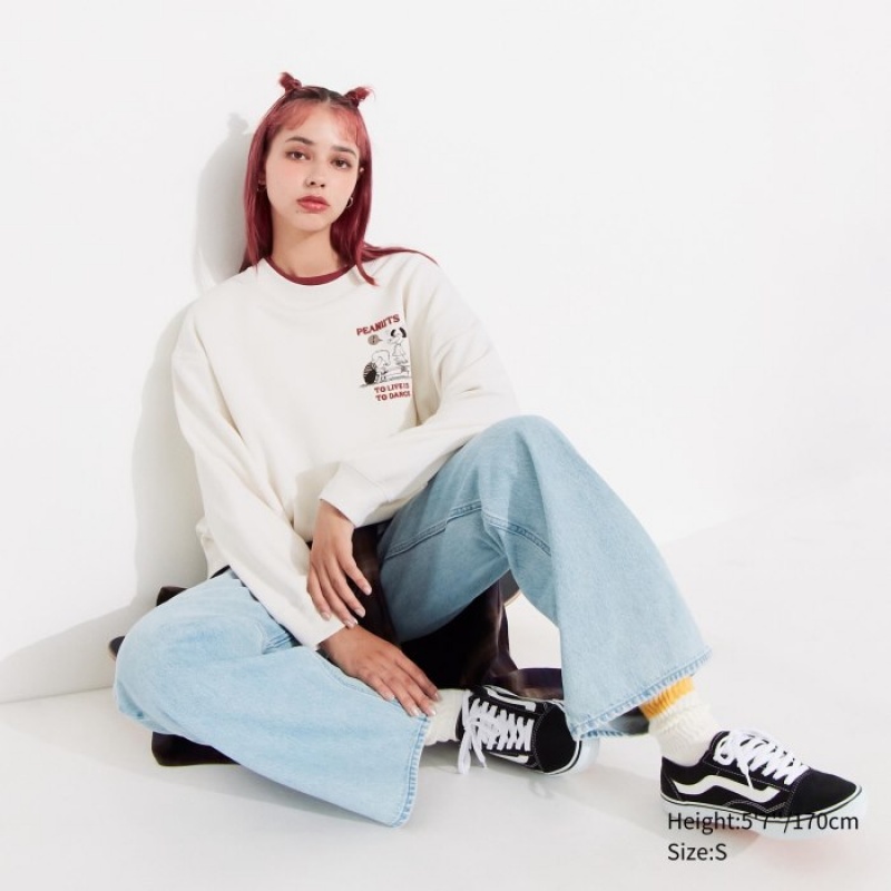 Women Uniqlo PEANUTS Dance Time with Snoopy Long-Sleeve Sweatshirts White | 6345783