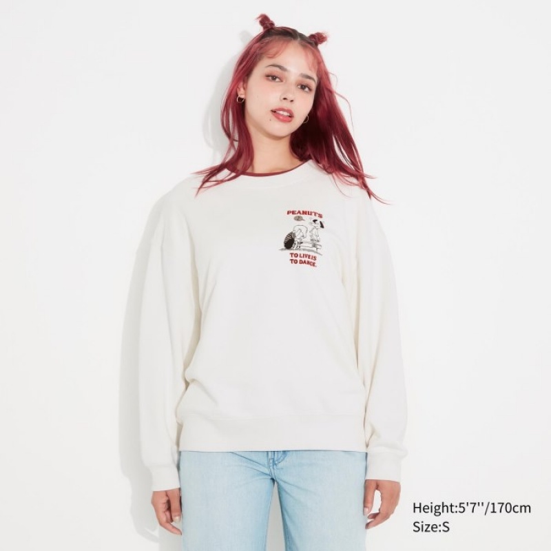 Women Uniqlo PEANUTS Dance Time with Snoopy Long-Sleeve Sweatshirts White | 6345783