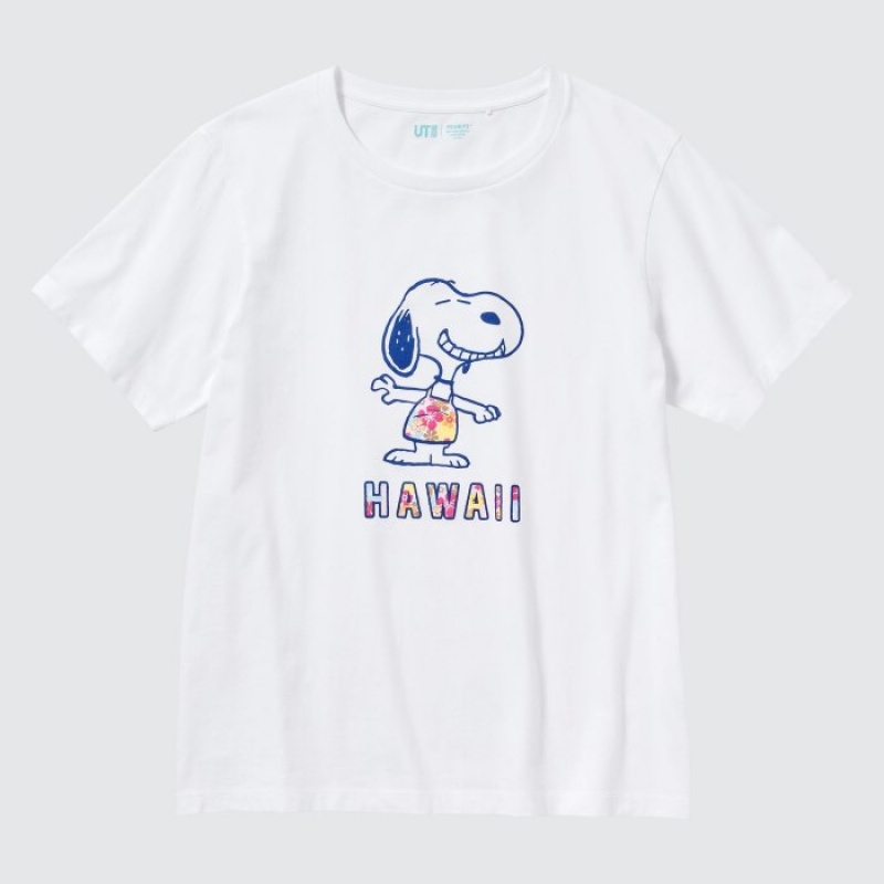 Women Uniqlo Peanuts Hawaii UT Short-Sleeve T Shirts White | 7936040