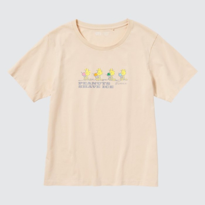 Women Uniqlo Peanuts Hawaii UT Short-Sleeve T Shirts Beige | 4304432