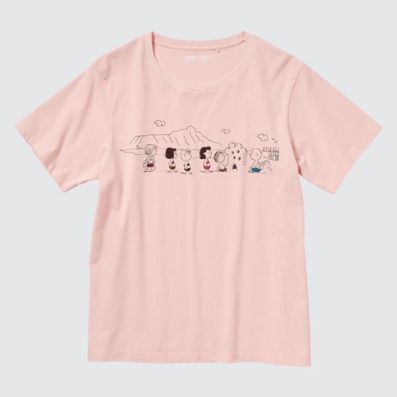 Women Uniqlo Peanuts Hawaii UT Short-Sleeve T Shirts Pink | 2157412