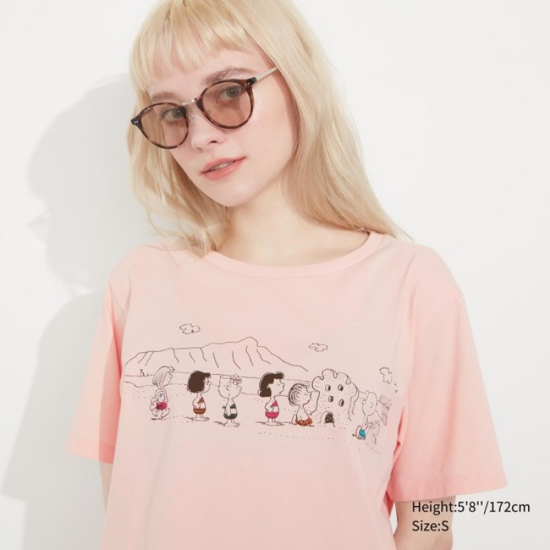 Women Uniqlo Peanuts Hawaii UT Short-Sleeve T Shirts Pink | 2157412