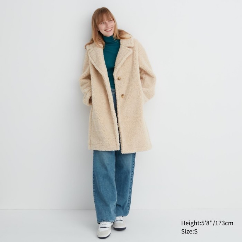 Women Uniqlo Pile-Lined Fleece Tailored Coats Beige | 4493497