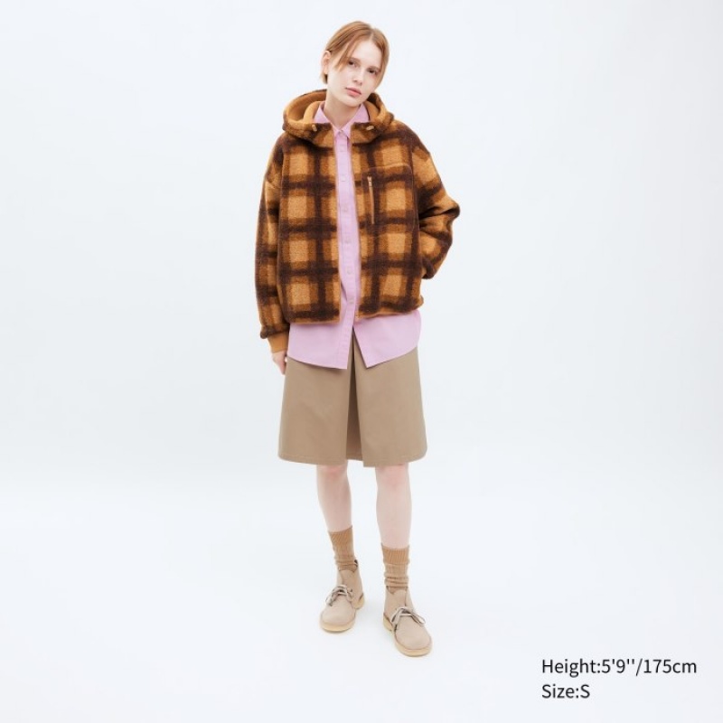 Women Uniqlo Pile Lined Fleece Printed Full-Zip Hoodie Brown | 4264607