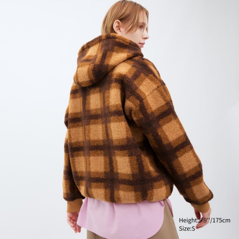 Women Uniqlo Pile Lined Fleece Printed Full-Zip Hoodie Brown | 4264607