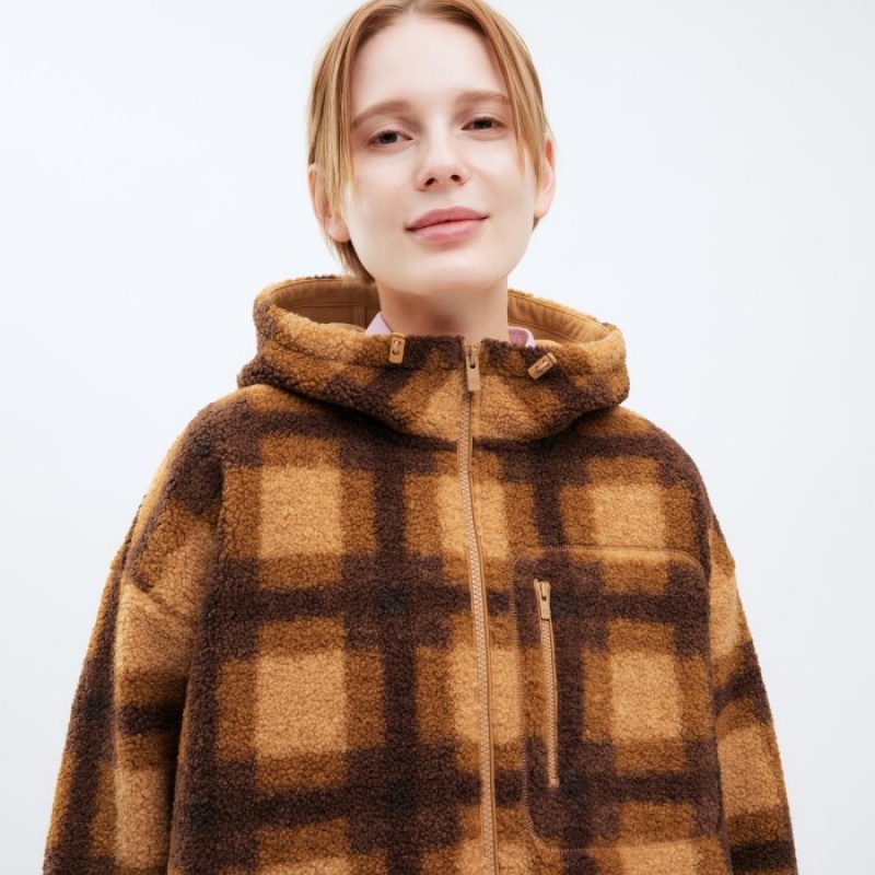 Women Uniqlo Pile Lined Fleece Printed Full-Zip Hoodie Brown | 4264607