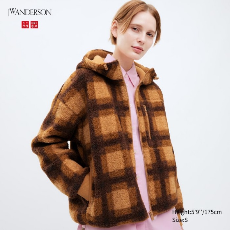 Women Uniqlo Pile Lined Fleece Printed Full-Zip Hoodie Brown | 4264607