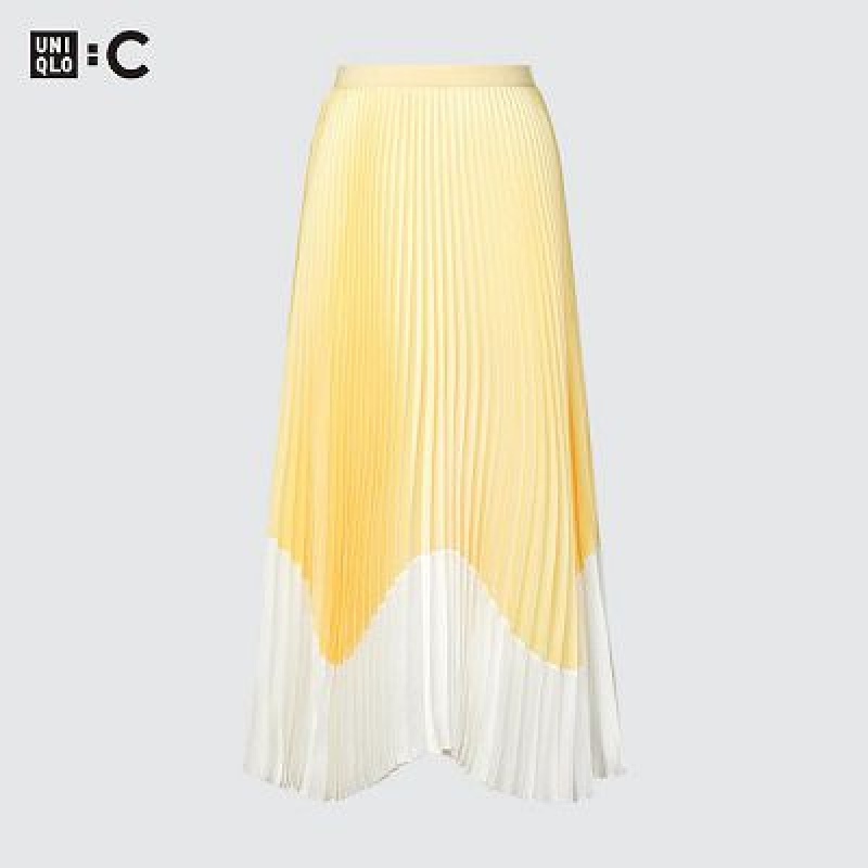 Women Uniqlo Pleated Color Block Skirts Yellow | 888926