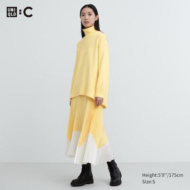 Women Uniqlo Pleated Color Block Skirts Yellow | 888926