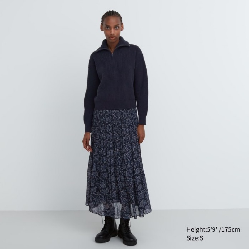 Women Uniqlo Premium Lambswool Half-Zip Long-Sleeve Sweaters Navy | 3669507