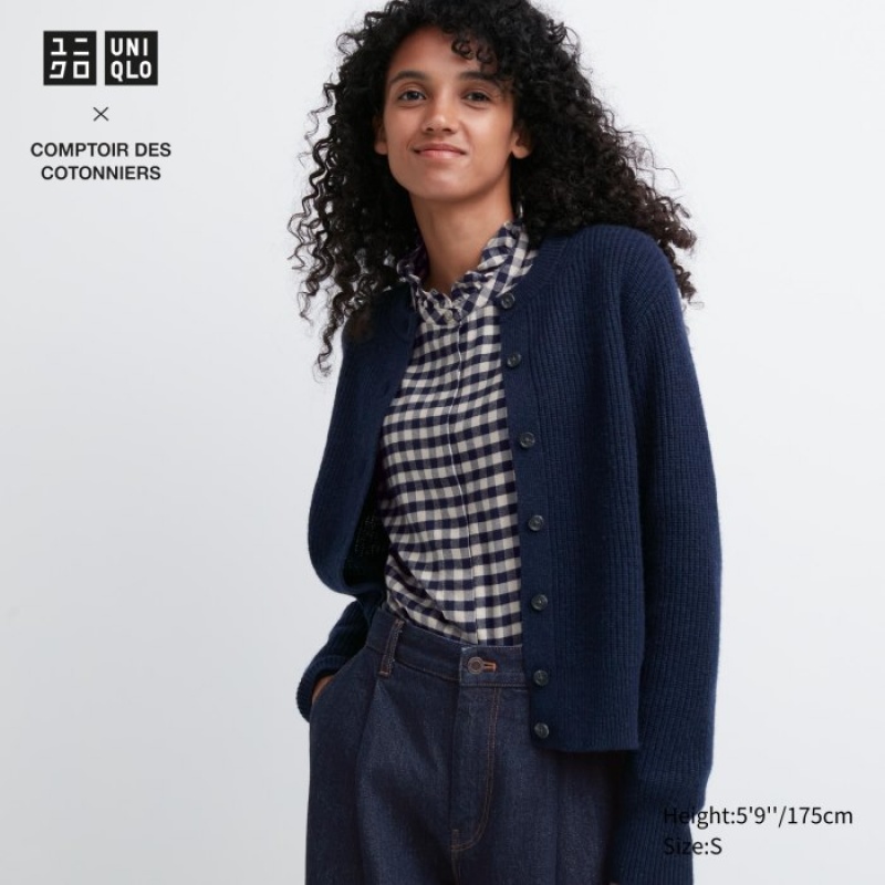 Women Uniqlo Premium Lambswool Long-Sleeve Cardigan Navy | 7698839