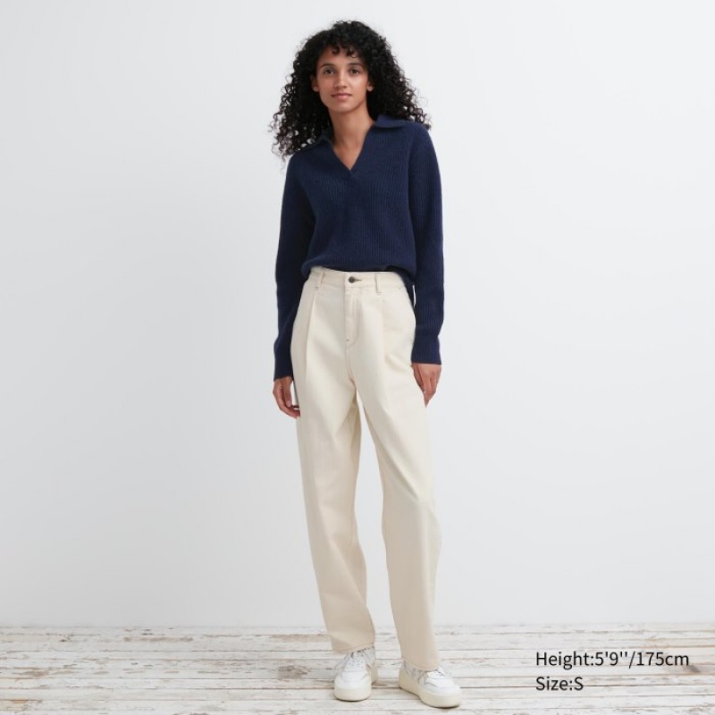 Women Uniqlo Premium Lambswool Long-Sleeve Polo Sweaters Navy | 7413751